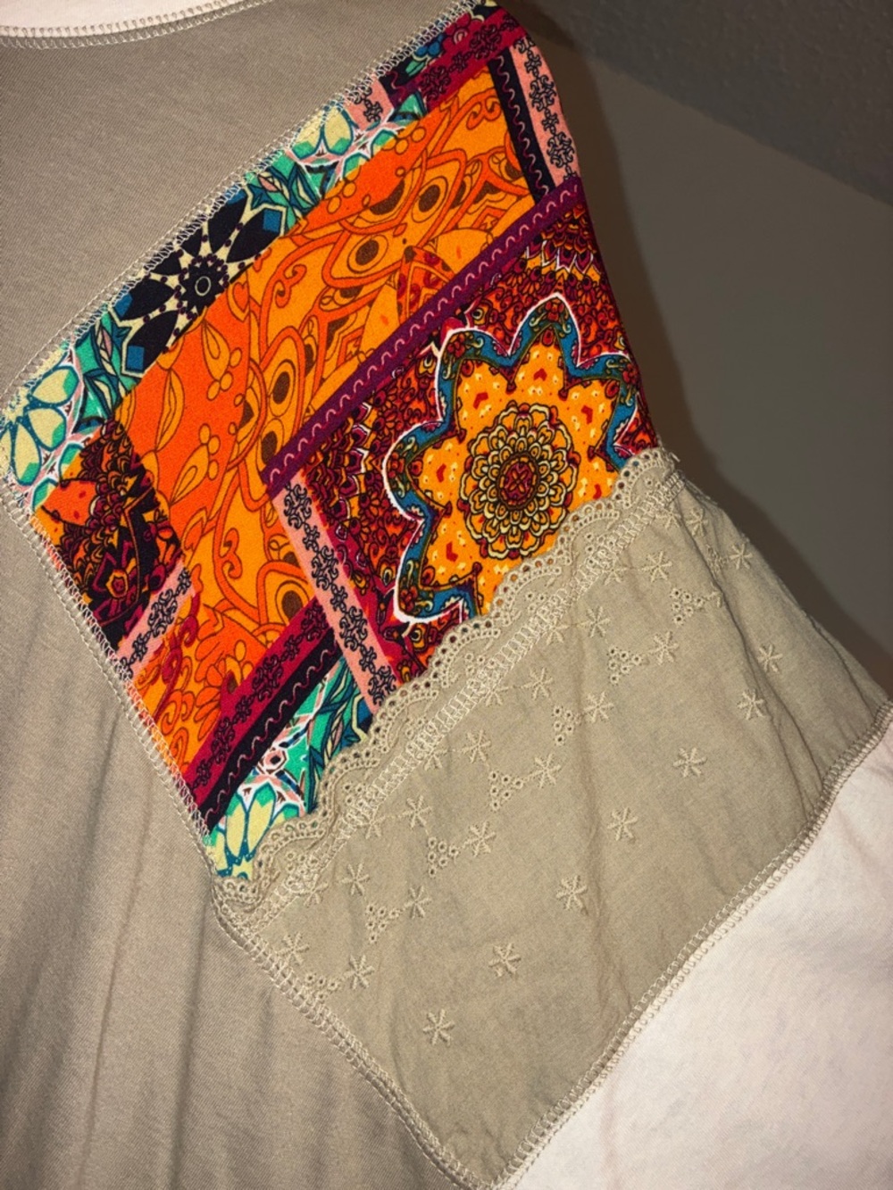 Relaxed Taupe/Green Short Sleeve Top with Orange Patchwork Accents - Picture 3 of 5